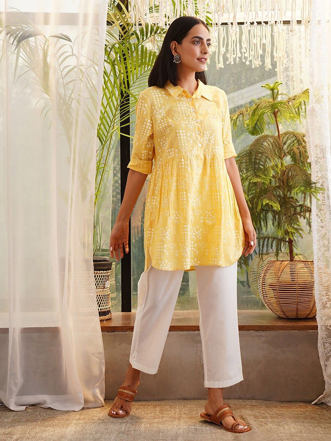 

JAYPORE Printed Cotton Longline A-Line Top, Yellow