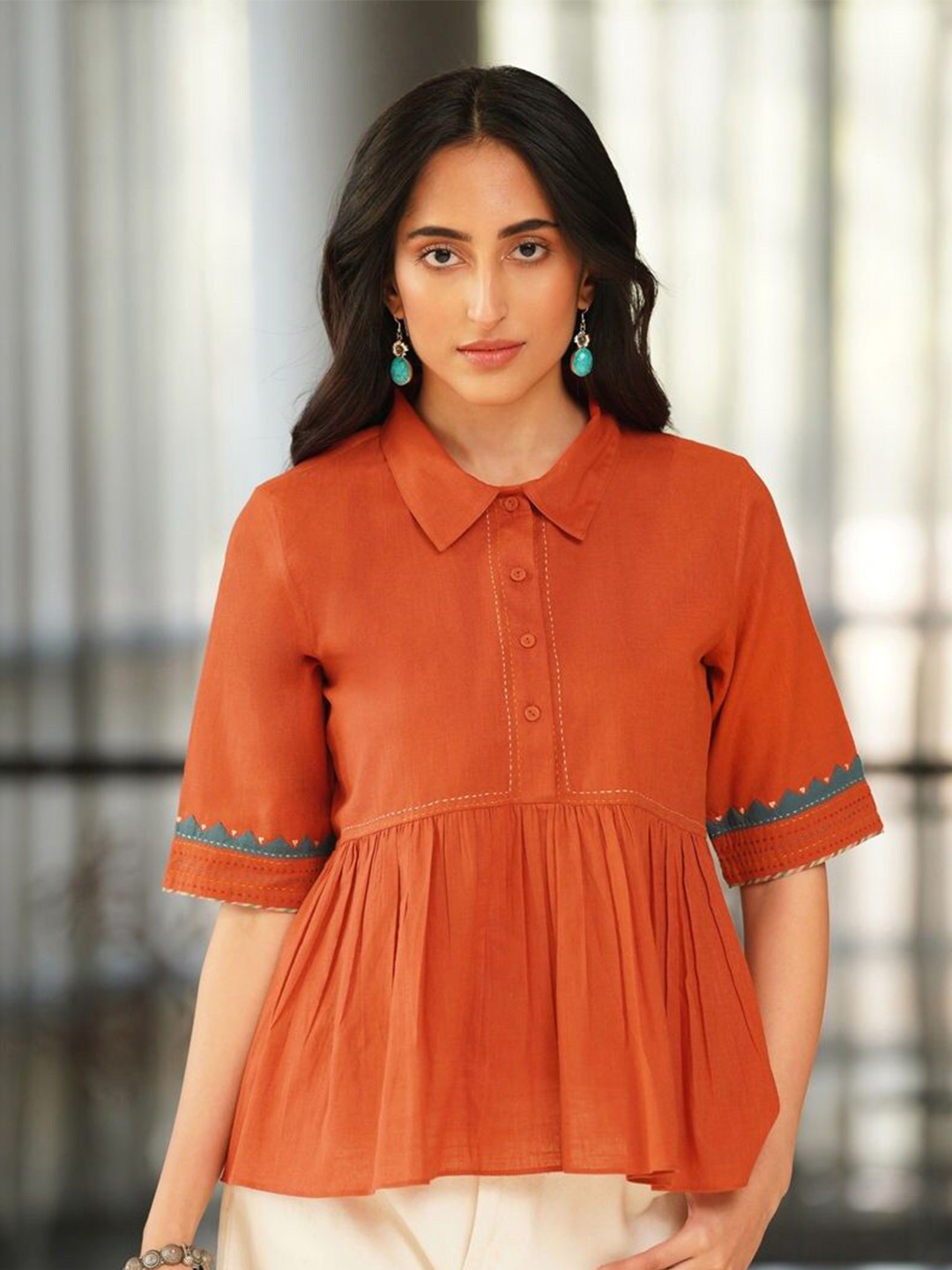 

JAYPORE Embroidered Cotton Shirt Style Top, Rust