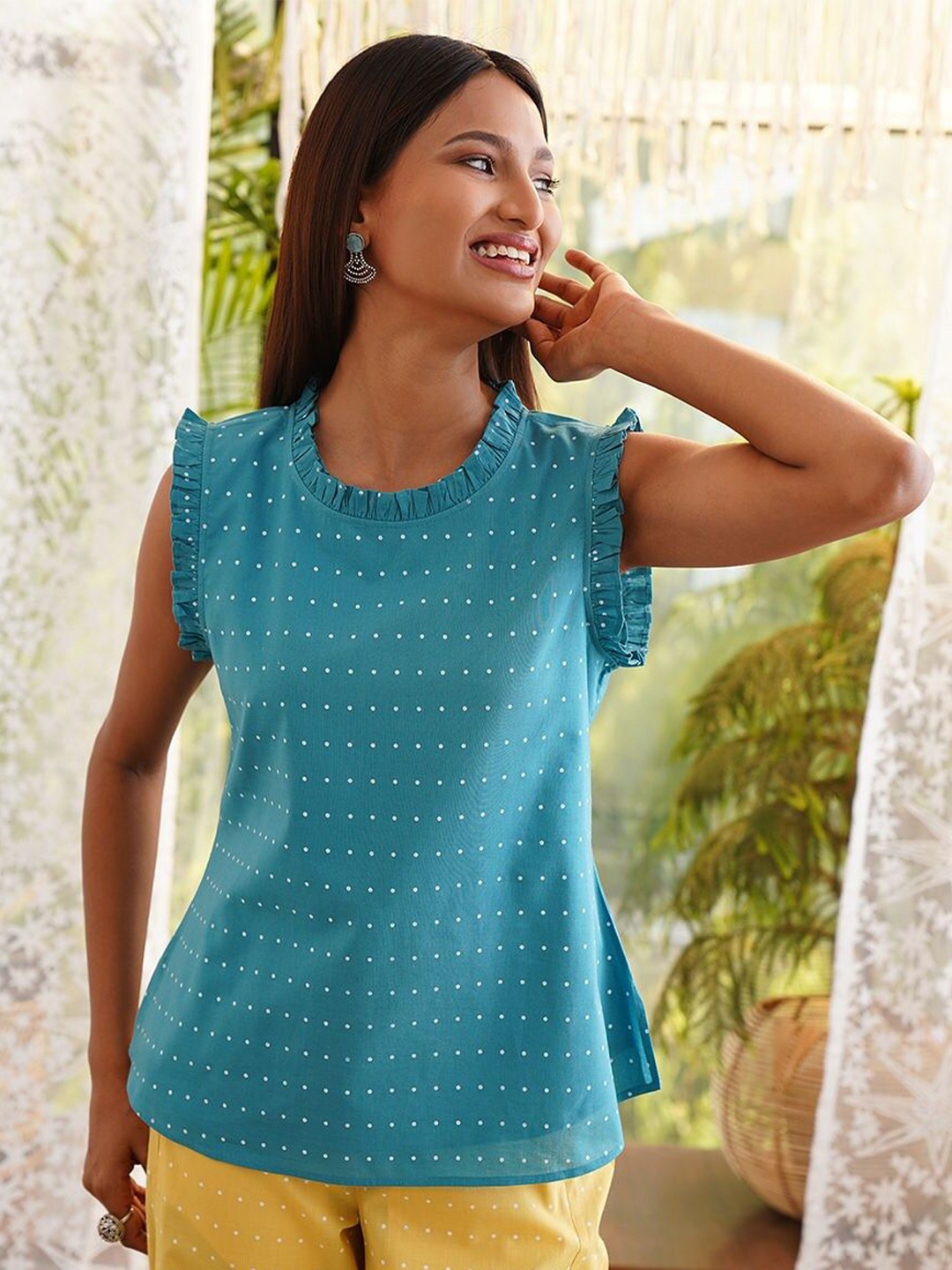 

JAYPORE Printed Cotton Top, Turquoise blue