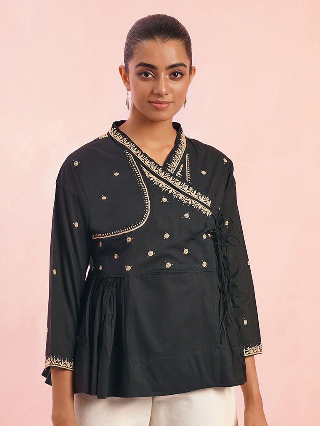 

JAYPORE Women Embellished Embroidered Cotton Wrap Top, Black