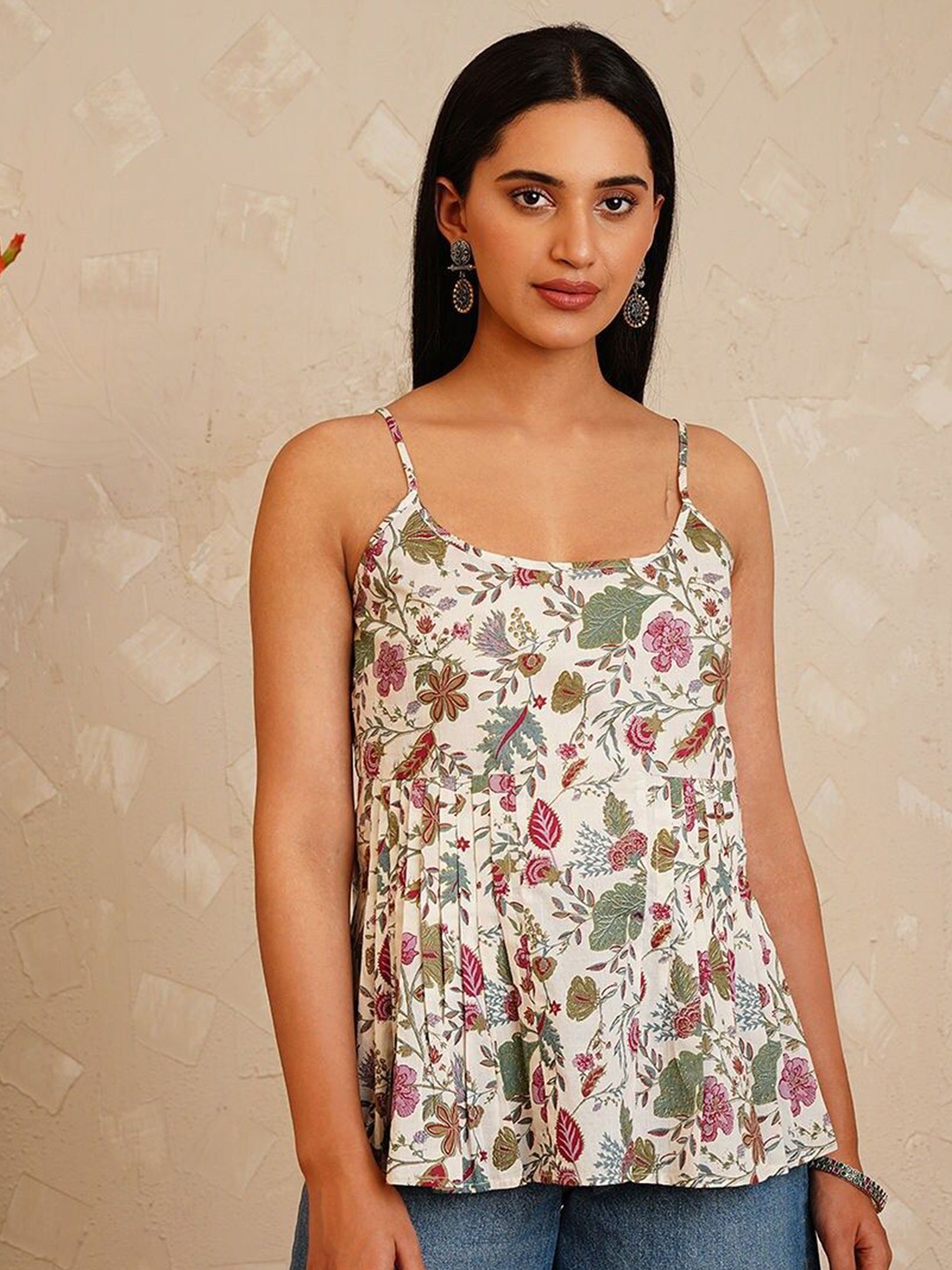 

JAYPORE Woemn Shoulder Straps Floral Printed Cotton Top, White
