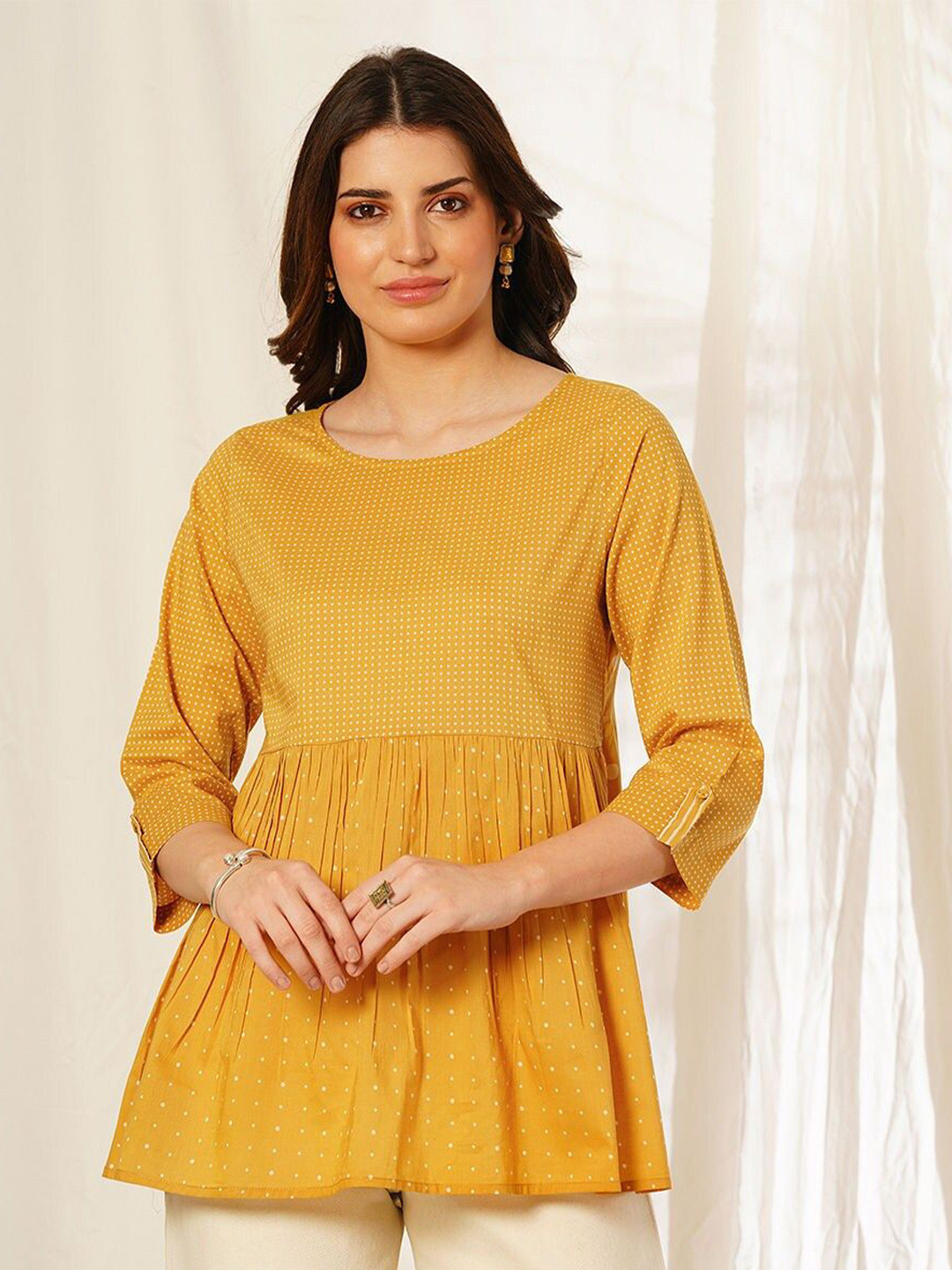 

JAYPORE Women Cotton Round Neck Empire Top, Mustard