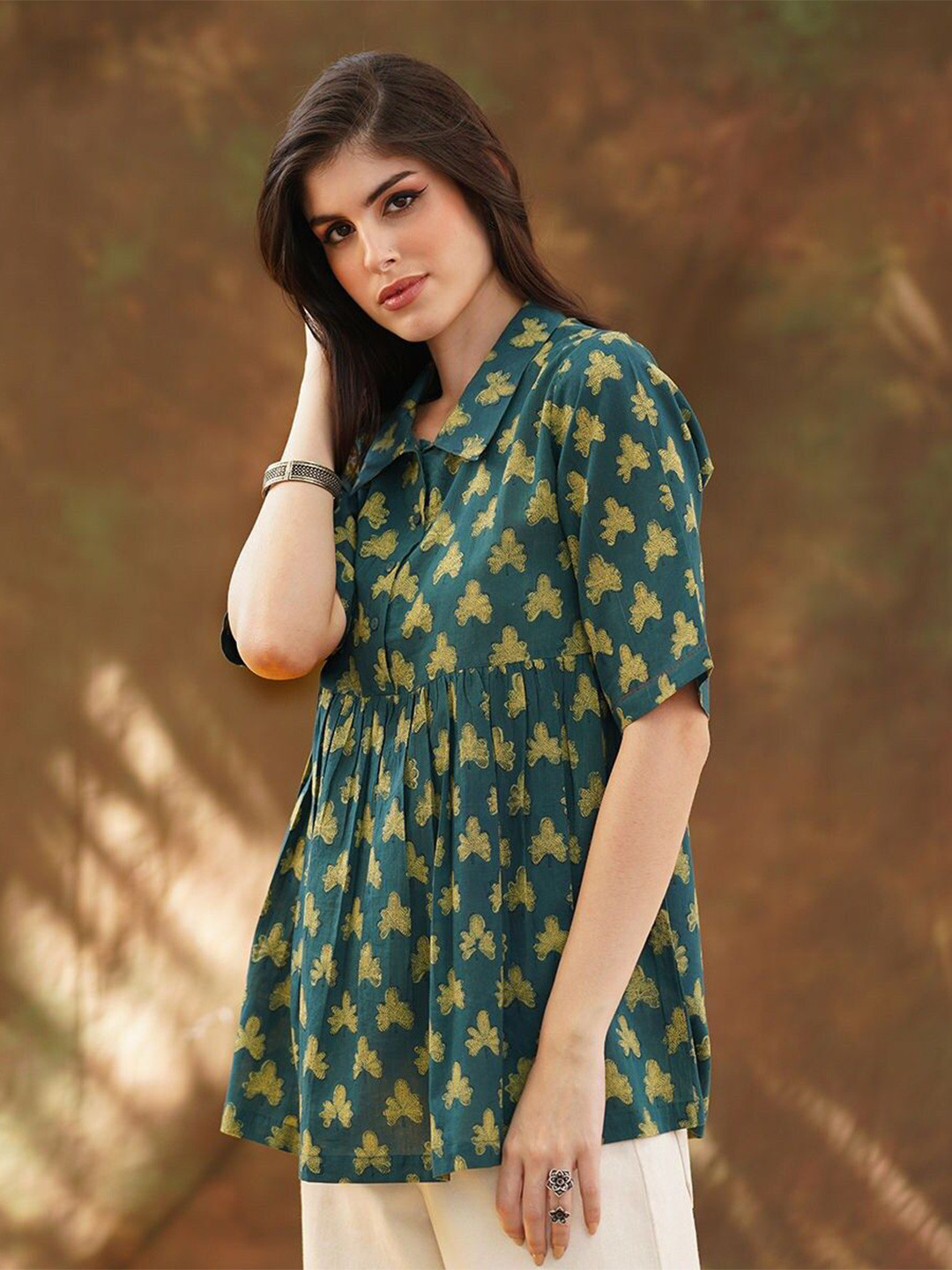 

JAYPORE Cotton Shirt Collar Empire Top, Blue
