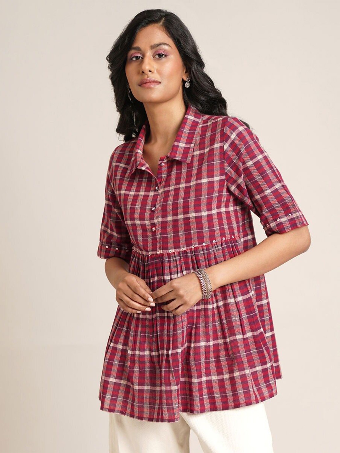 

JAYPORE Women Checked Shirt Collar Cotton Tunic, Maroon