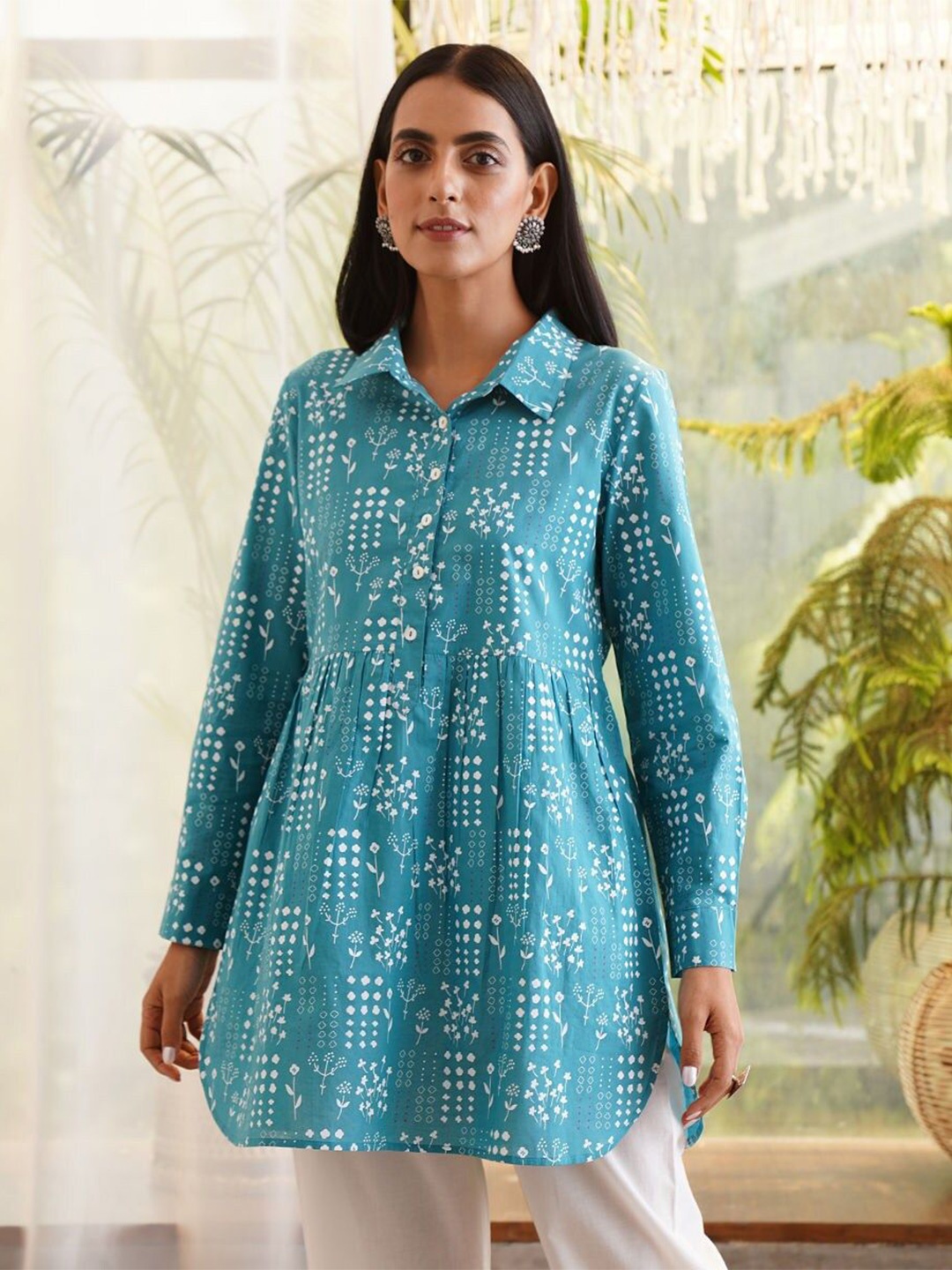 

JAYPORE Women Print Cotton Shirt Style Top, Teal