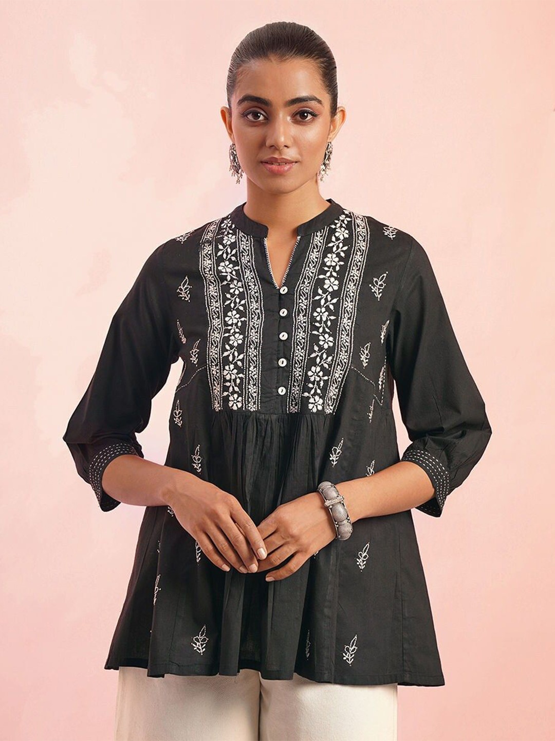 

JAYPORE Embroidered Mandarin Collar Cotton A-line Longline Top, Black