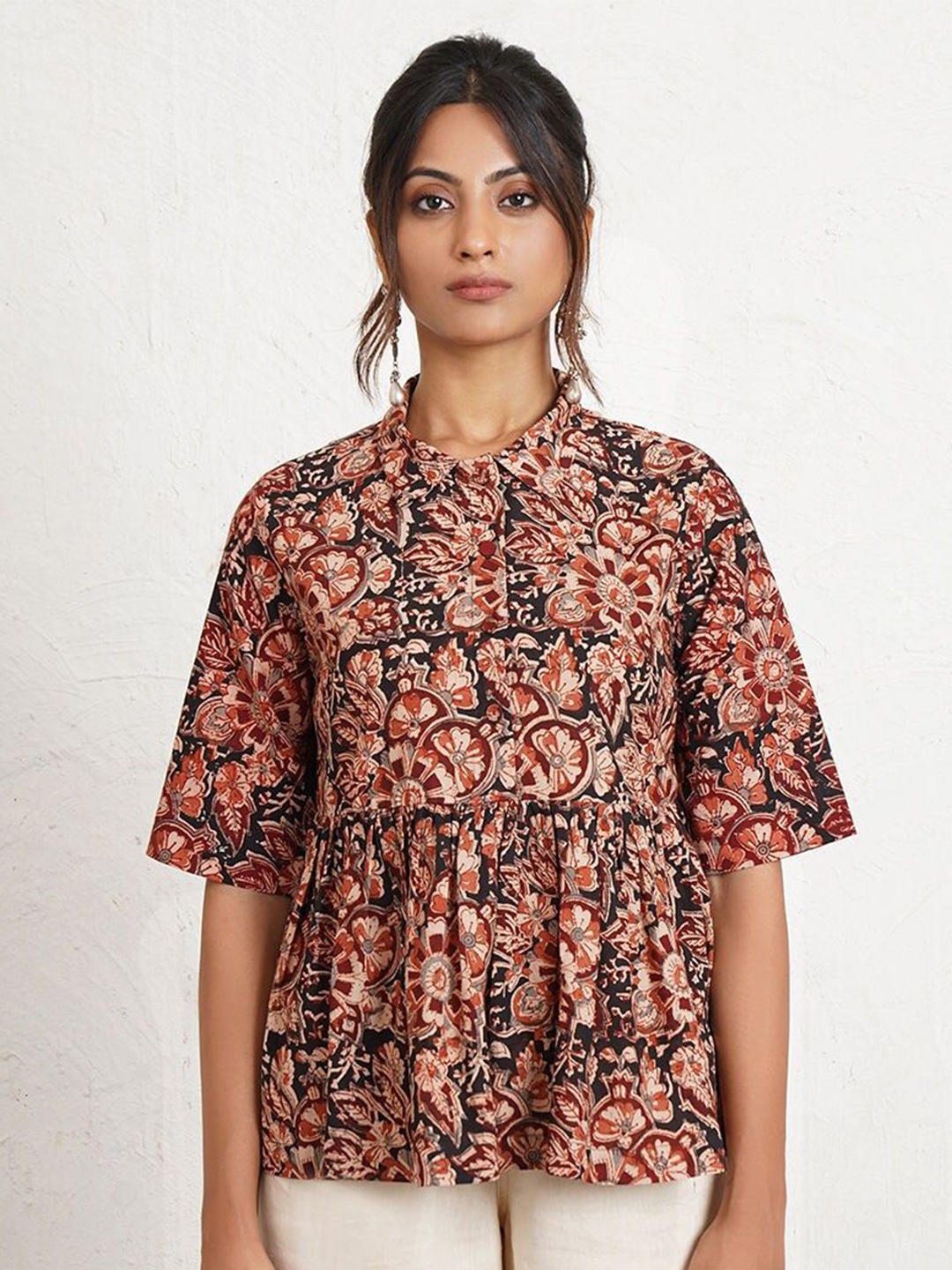 

JAYPORE Women Floral Printed Cotton Top, Red