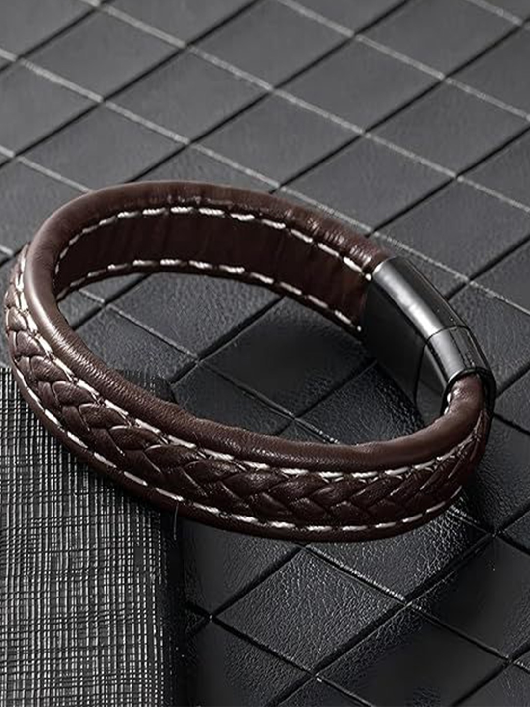 

MEENAZ Men Silver-Plated Stainless Steel Leather Antique Multistrand Bracelet, Brown