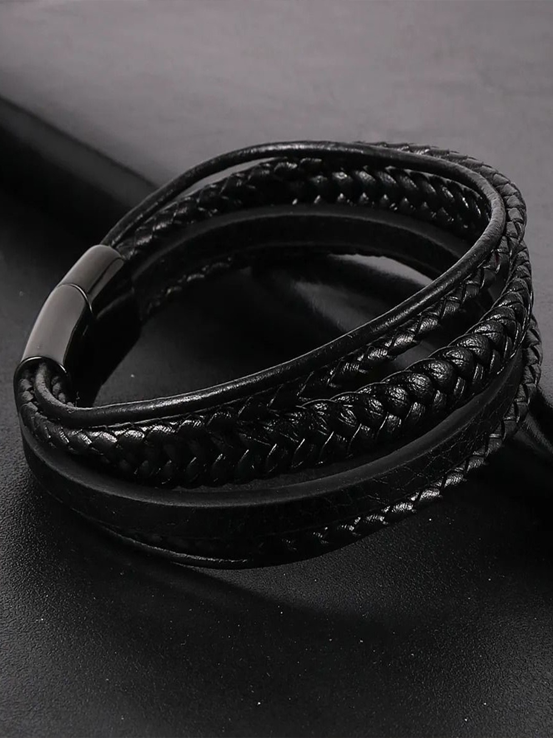 

MEENAZ Men Silver-Plated Stainless Steel Leather Antique Multistrand Bracelet