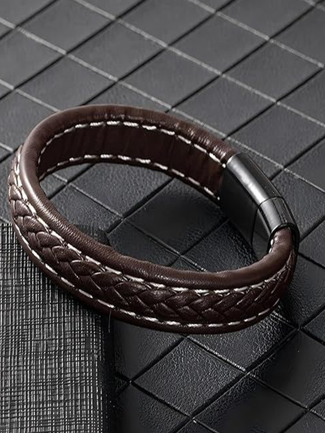 

MEENAZ Men Silver-Plated Stainless Steel Leather Antique Kada Bracelet