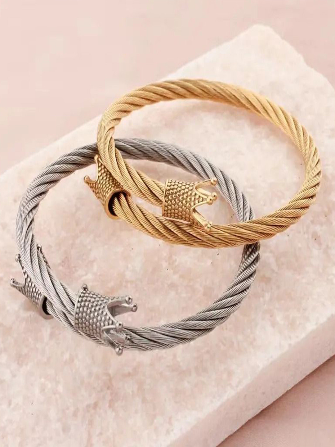 

MEENAZ Set Of 2 Gold-Plated Stainless Steel Antique Wraparound Bracelet, Silver