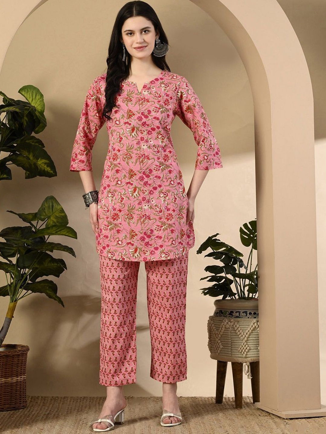 

KEOSA Floral Printed Pure Cotton Tunic with Trousers, Pink