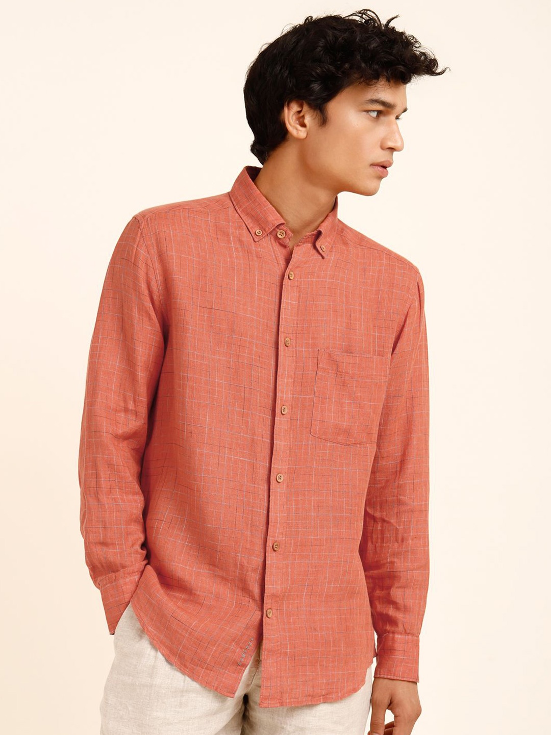 

Andamen Men Premium Button-Down Collar Solid Linen Casual Shirt, Orange