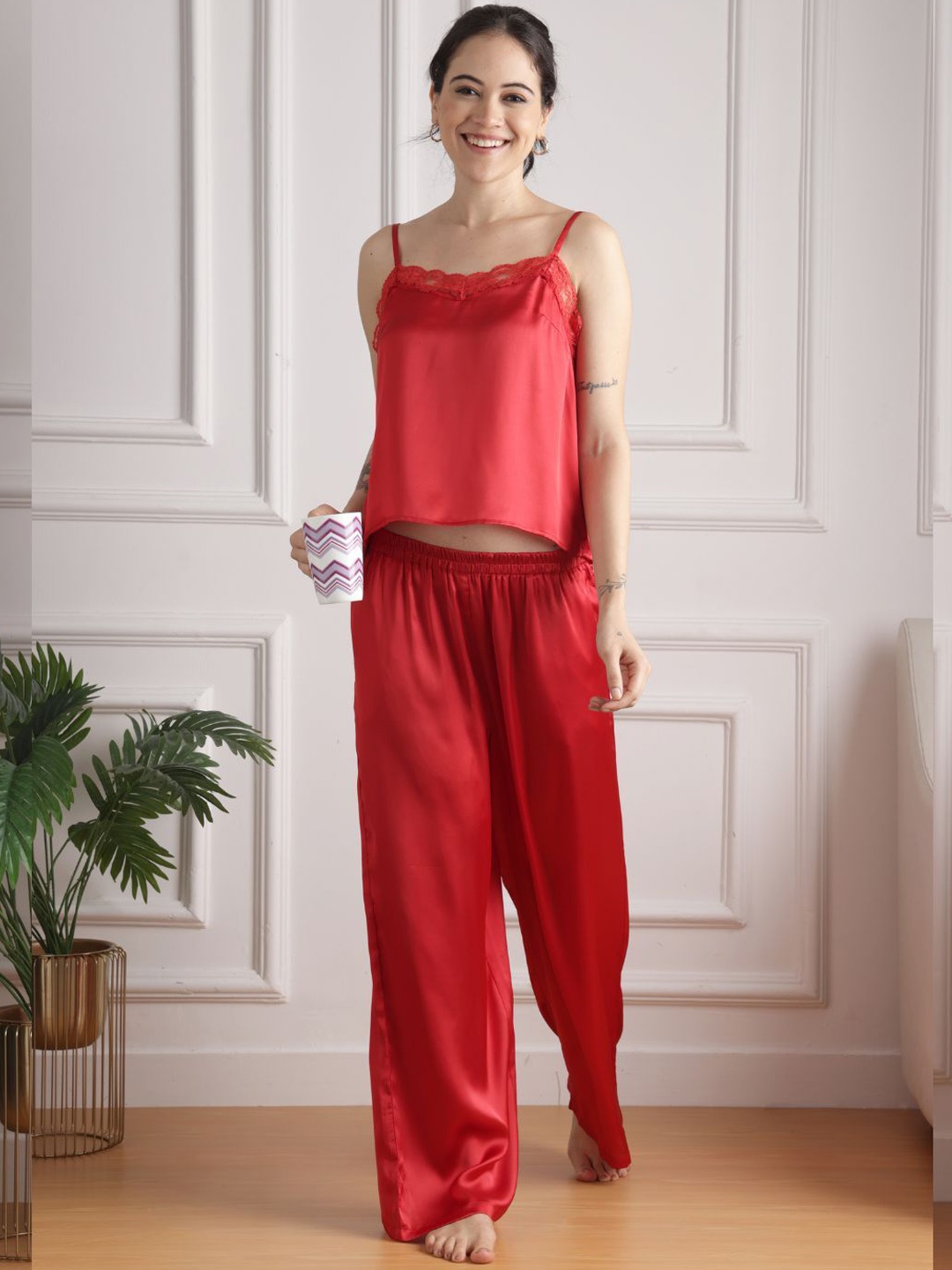 

Slumber Jill Shoulder Straps Neck Sleeveless Top With Pyjama, Red