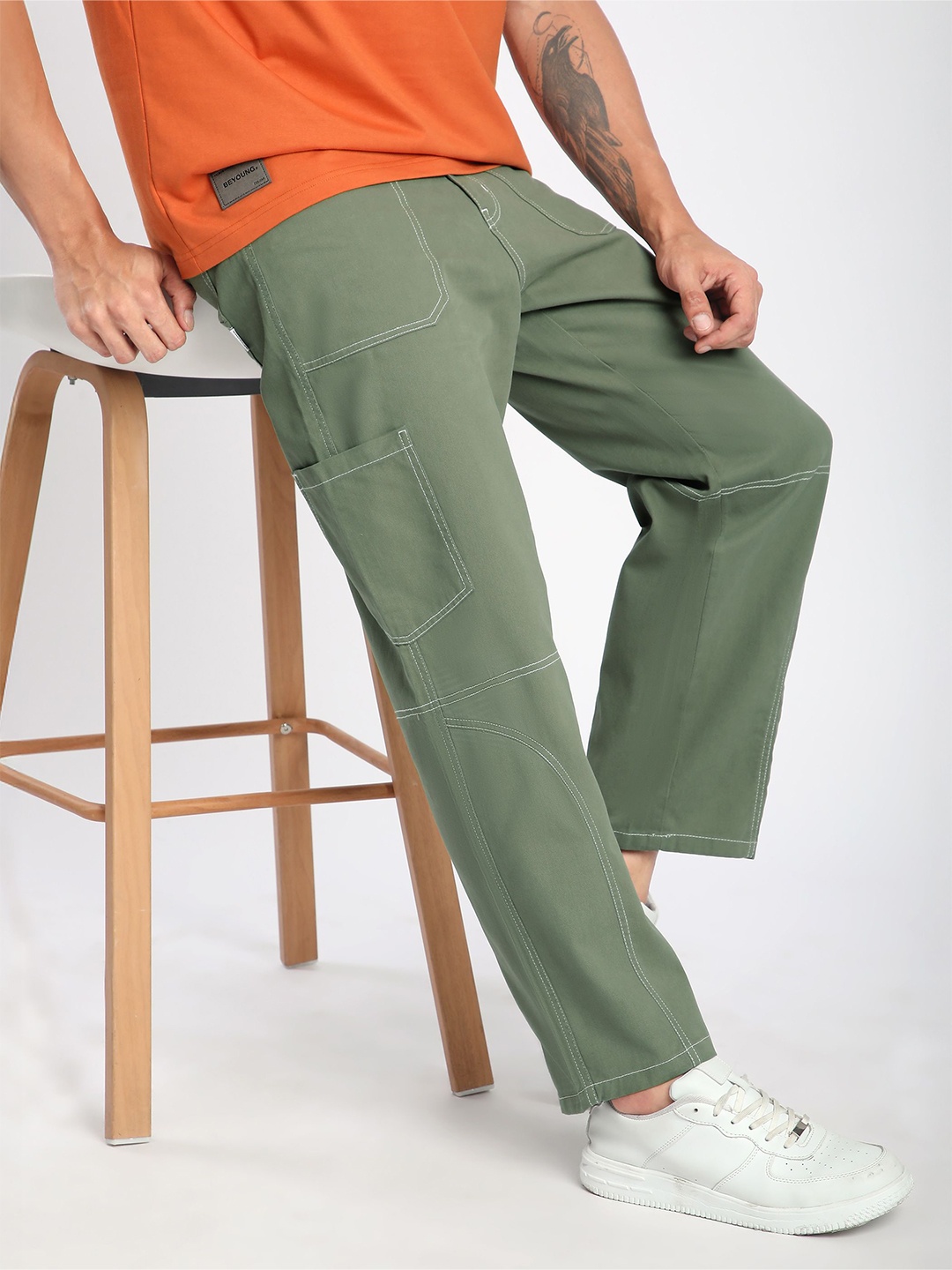 

Beyoung Men Cotton Patch Pocket Contrast Stitch Cargo Pants Trousers, Olive