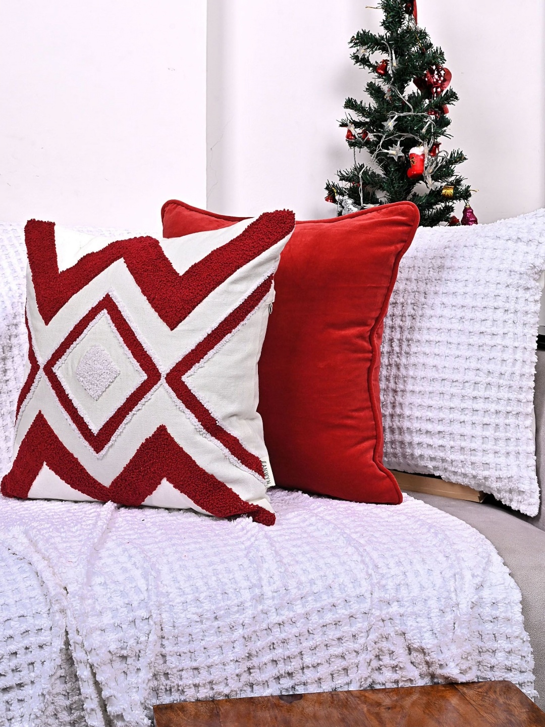 

ANWYN Red & White 3 Pieces Embroidered Square Cushion Covers