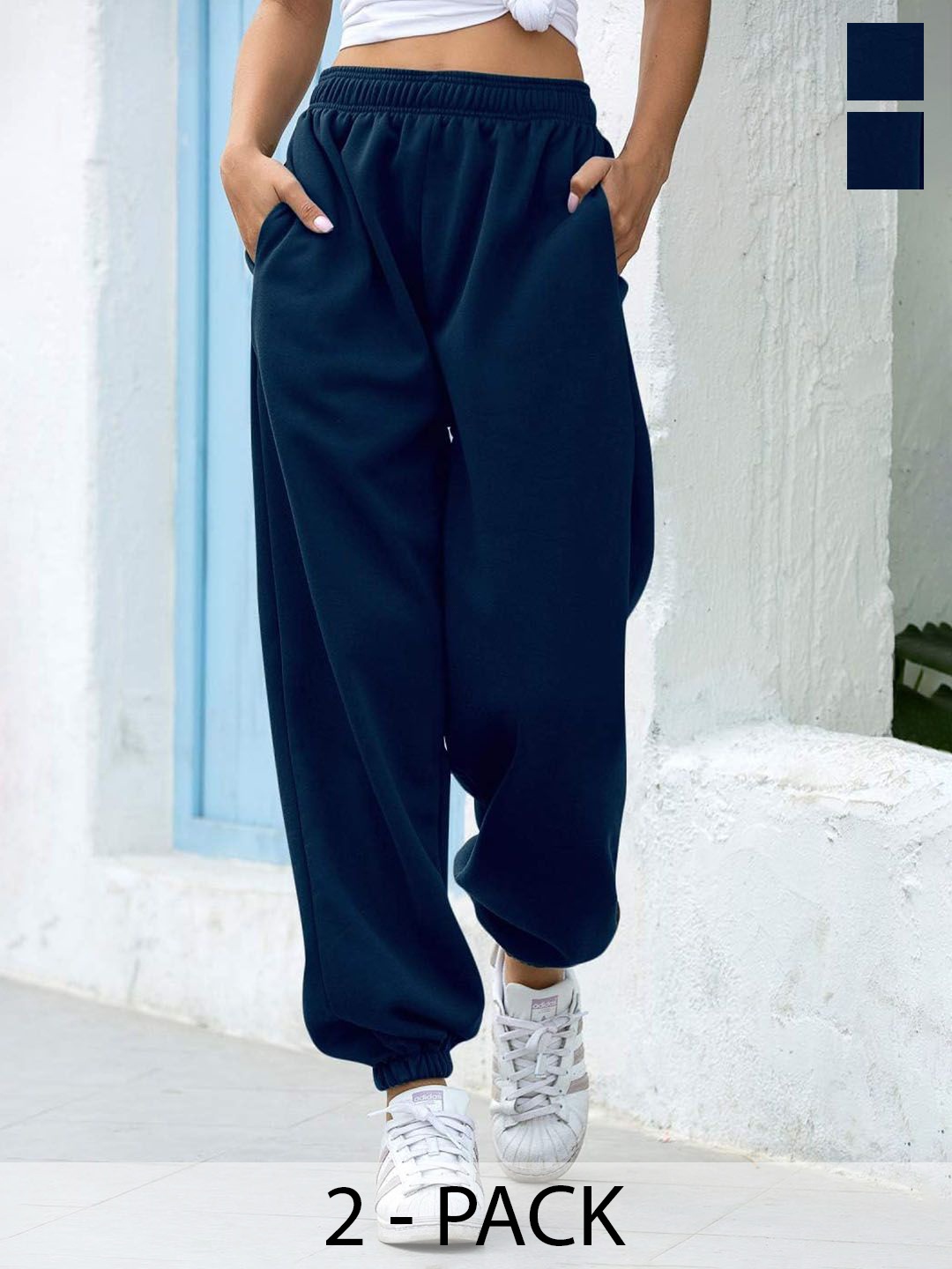

Q-rious Women Pack of 2 Loose Fit Cotton Joggers Trousers, Black