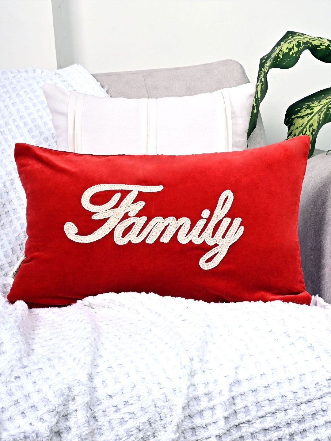 

ANWYN Red & White Family Embroidered Velvet Rectangle Cushion Cover