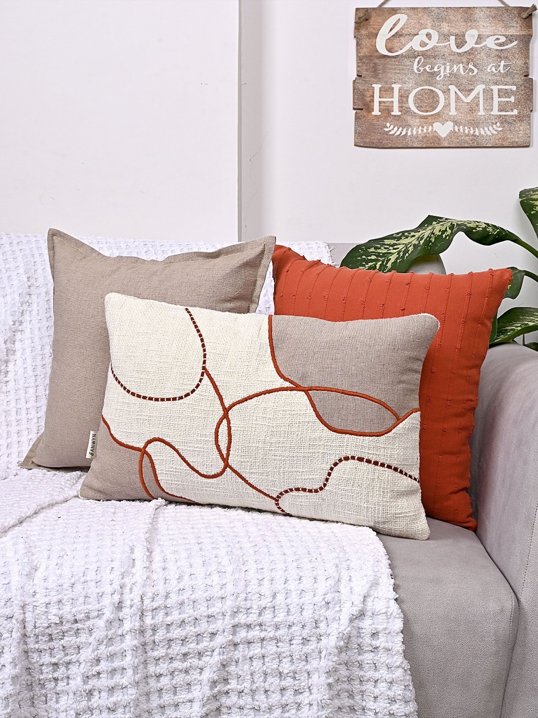 

ANWYN Beige & Rust 3 Pieces Embroidered Pure Cotton Square Rectangle Cushion Covers