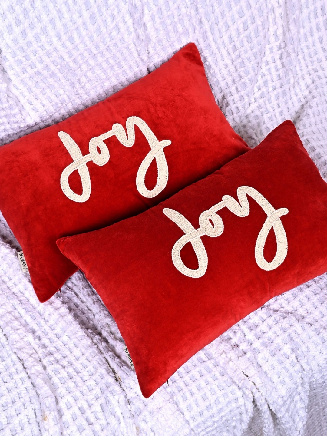 

ANWYN Red & White 2 Pieces Embroidered Velvet Rectangle Cushion Covers