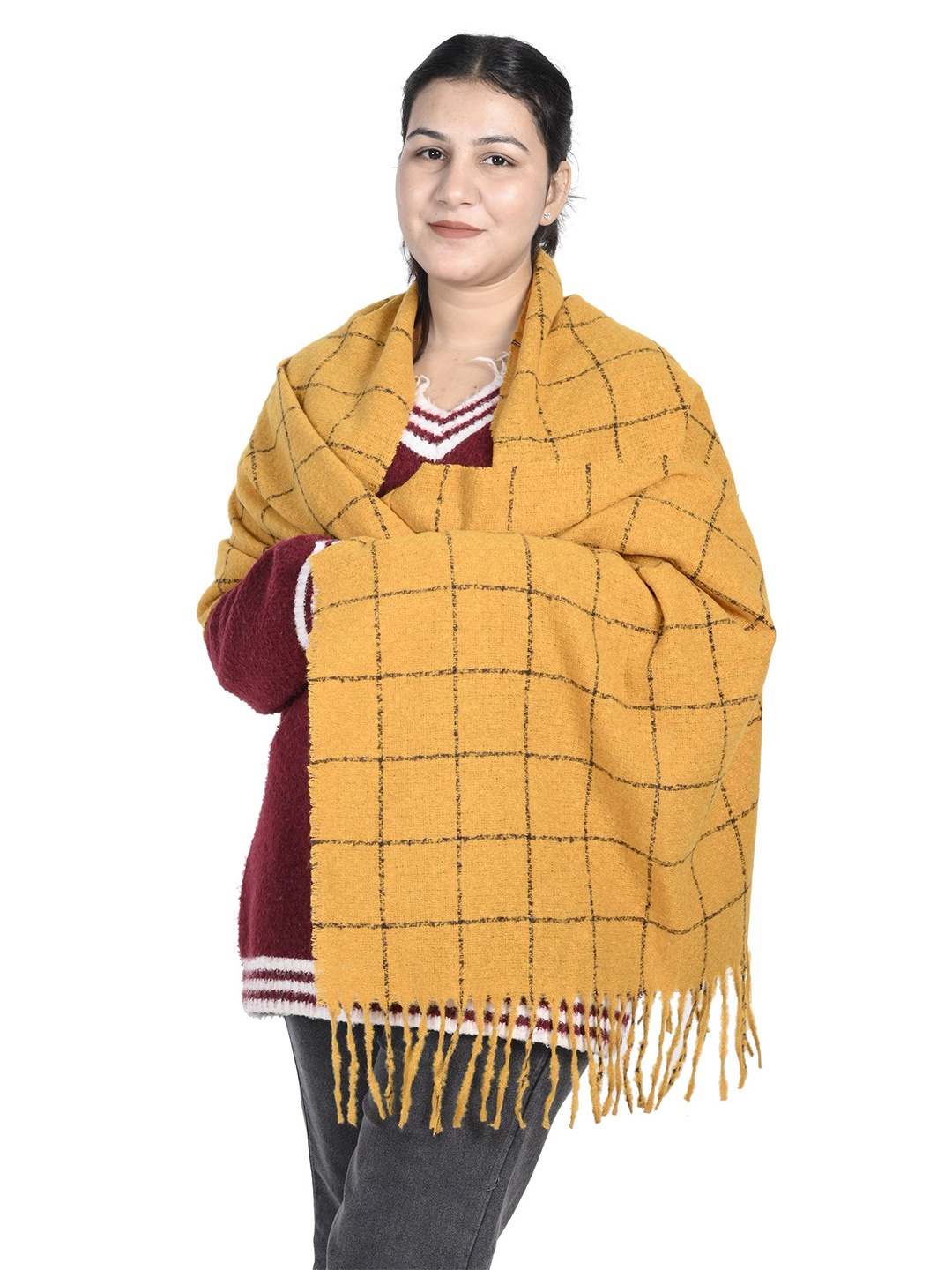 

Calvadoss Women Checked Stole, Mustard