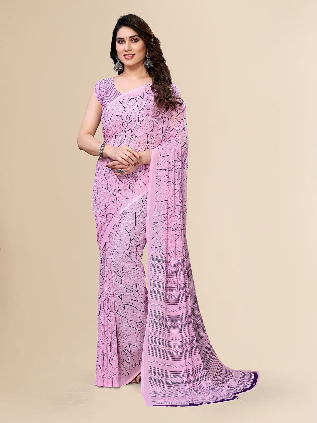 Moda Rapido Geometric Printed Saree with Unstitched Blouse Piece, Pink