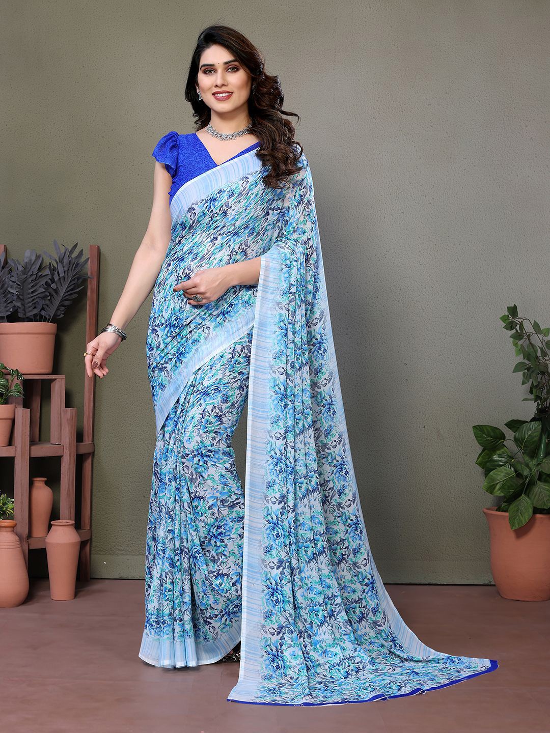 Moda Rapido Floral Printed Saree with Unstitched Blouse Piece, Grey