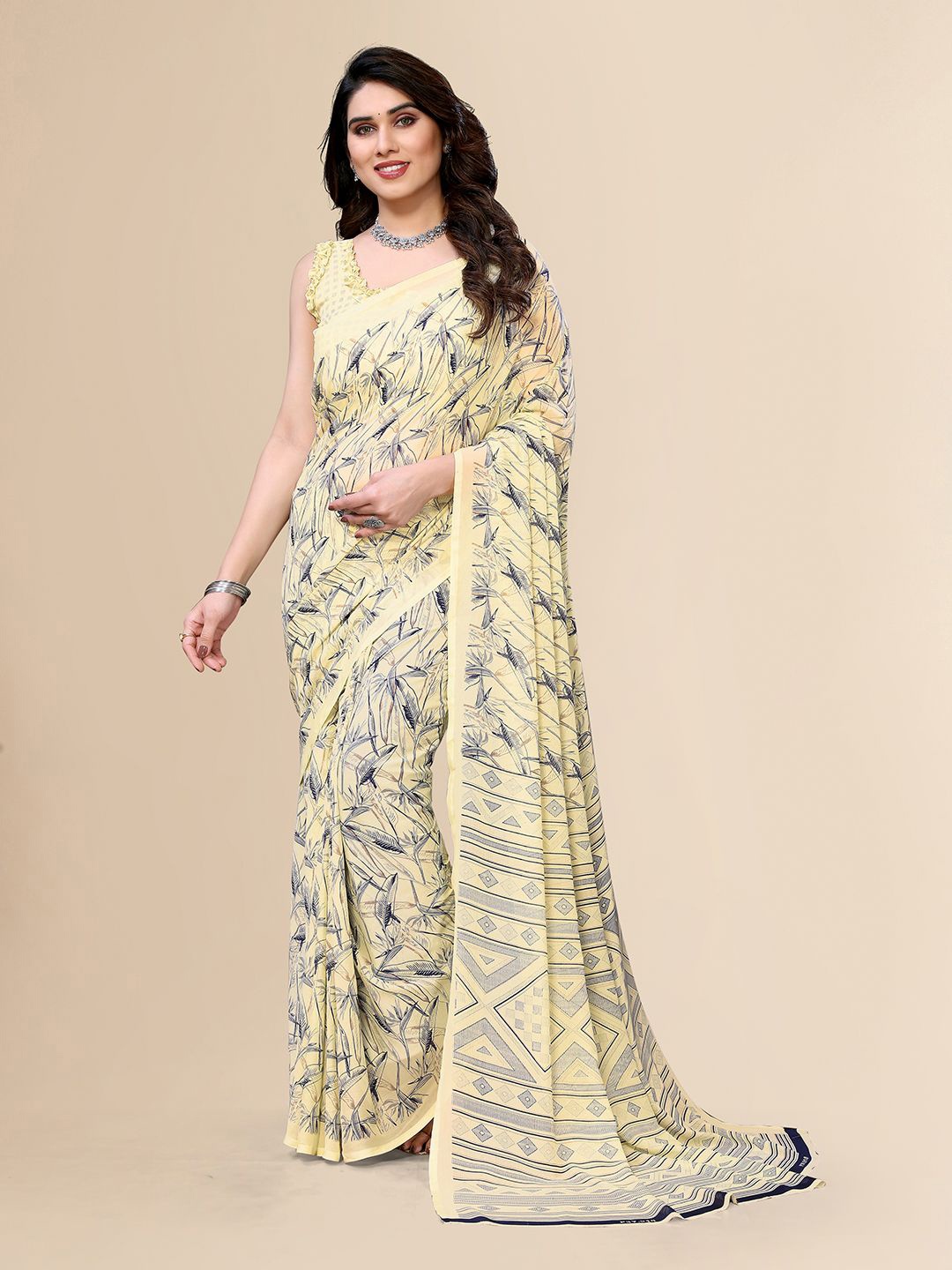 

Moda Rapido Women Printed Saree with Unstitched Blouse Piece, Beige