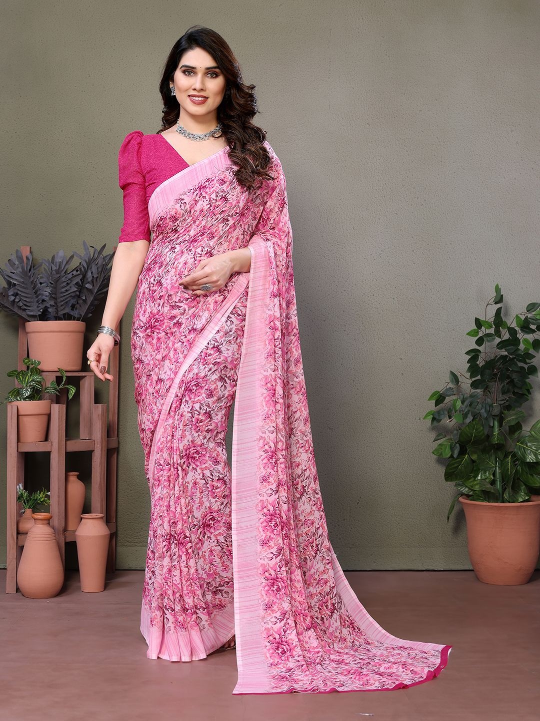 

Moda Rapido Printed Saree with Unstitched Blouse Piece, Pink