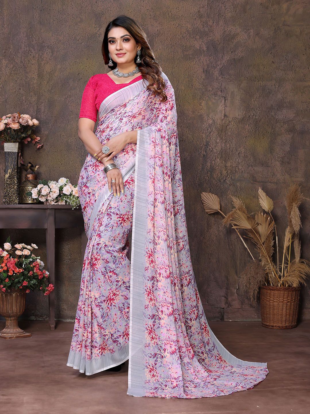 Moda Rapido Floral Printed Saree With Unstitched Blouse Piece, Pink