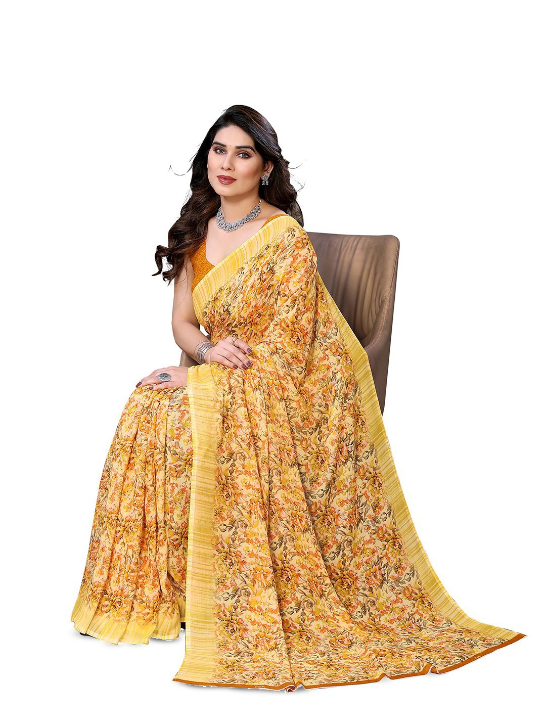 Moda Rapido Floral Printed Saree, Yellow