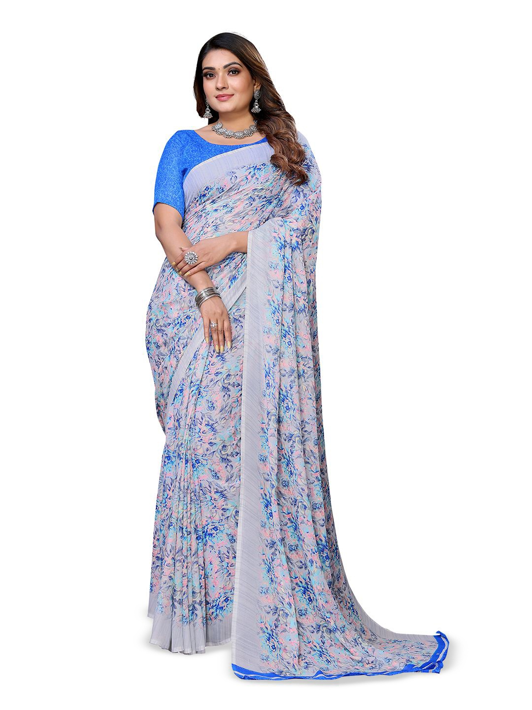 

Moda Rapido Floral Printed Patchwork Saree, Blue
