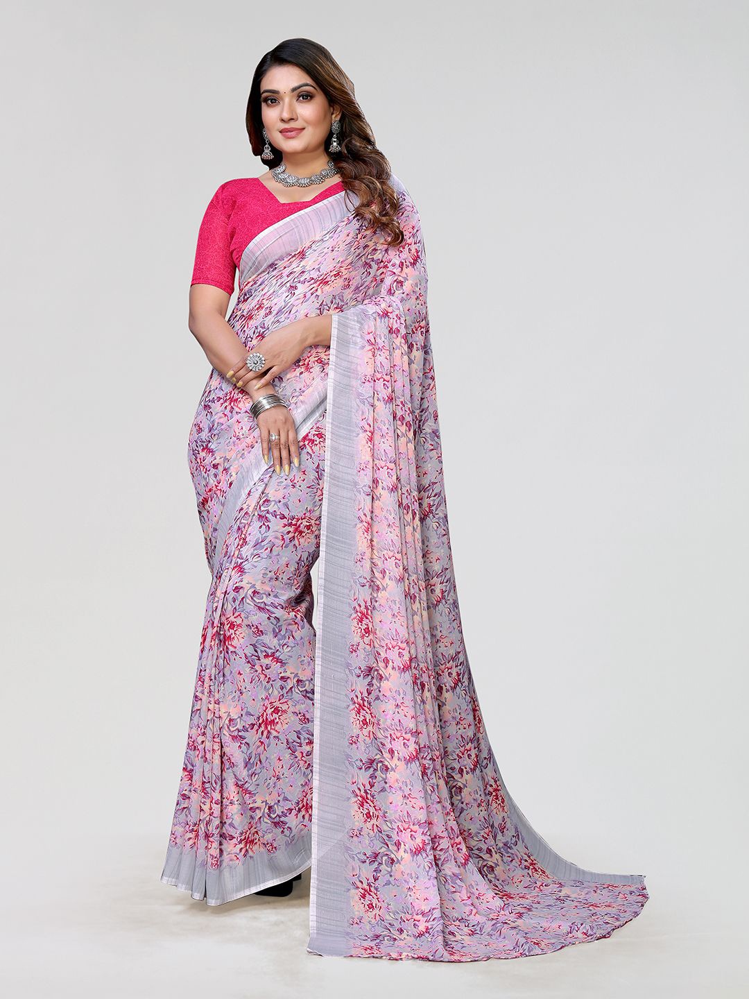 Moda Rapido Floral Printed Saree with Unstitched Blouse Piece, Pink