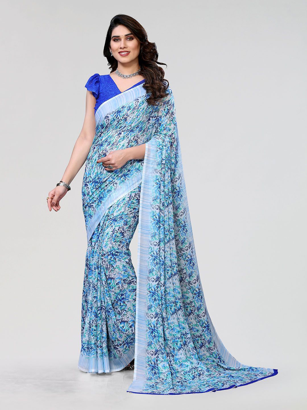 

Moda Rapido Floral Printed Saree with Unstitched Blouse Piece, Blue