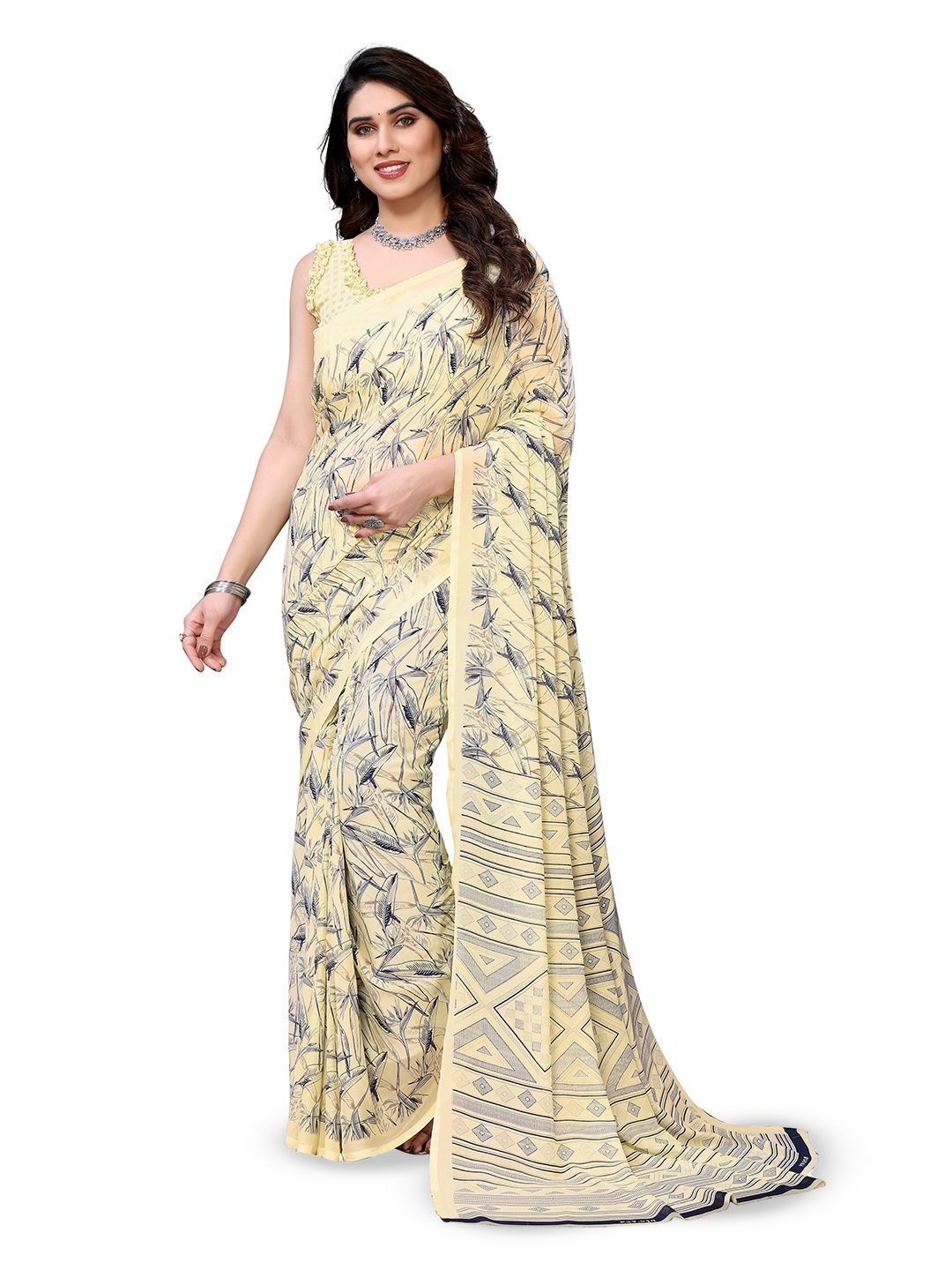 

Moda Rapido Printed Saree with Unstitched Blouse Piece, Beige