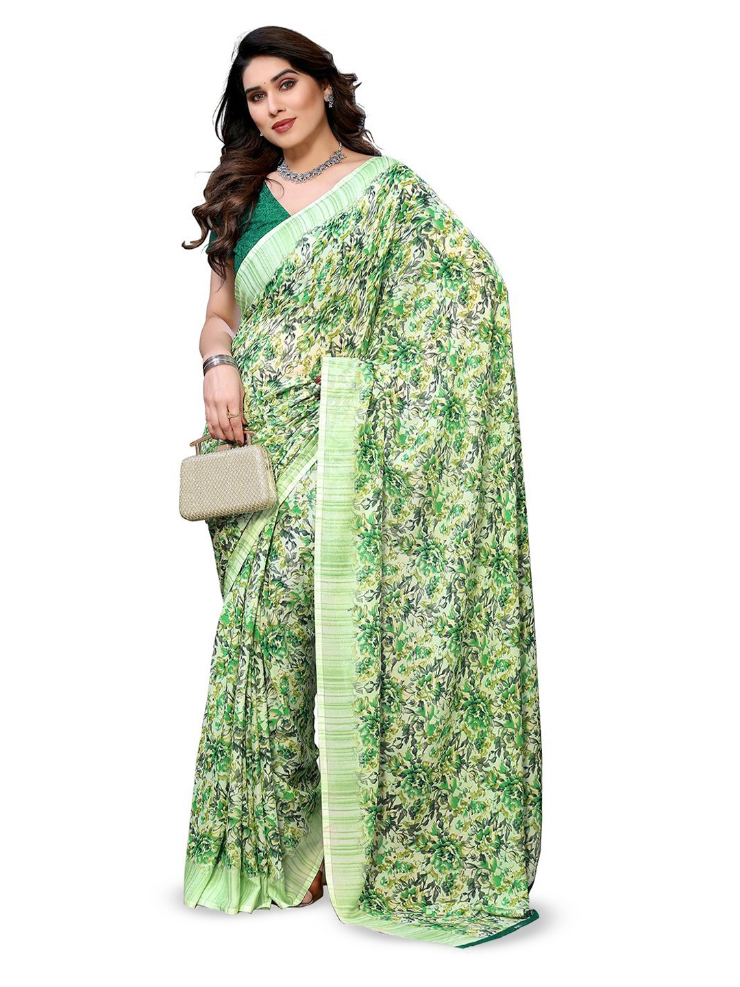 

Moda Rapido Floral Floral Printed Saree with Unstitched Blouse Piece, Green