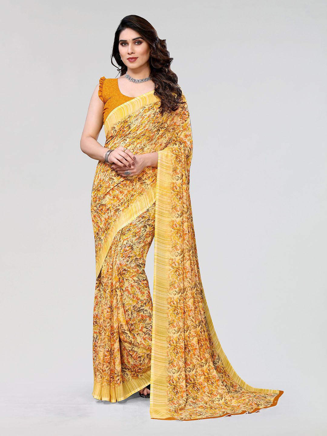 

Moda Rapido Floral Printed Poly Georgette Saree, Yellow
