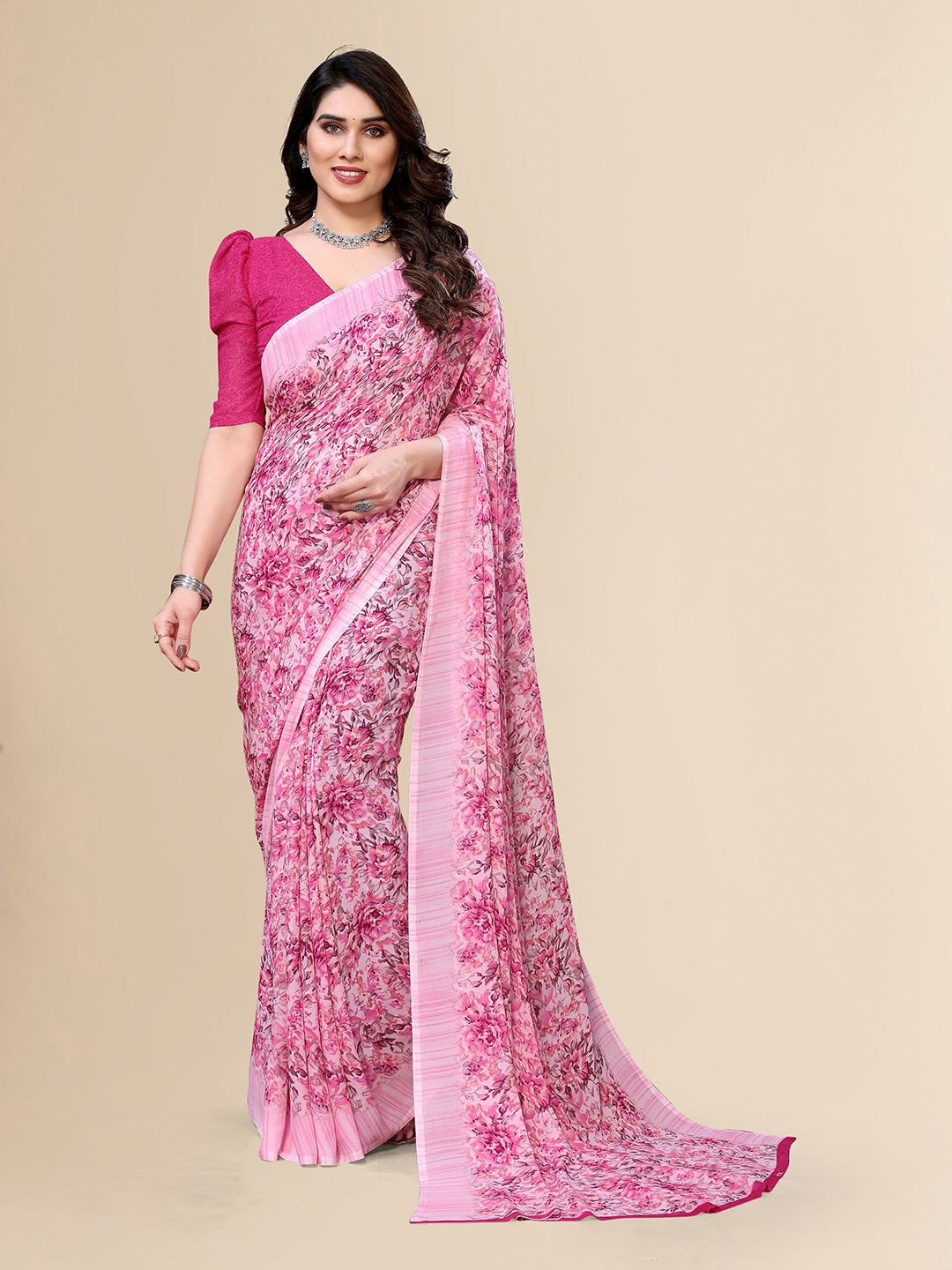 Moda Rapido Floral Printed Saree With Blouse Piece, Pink