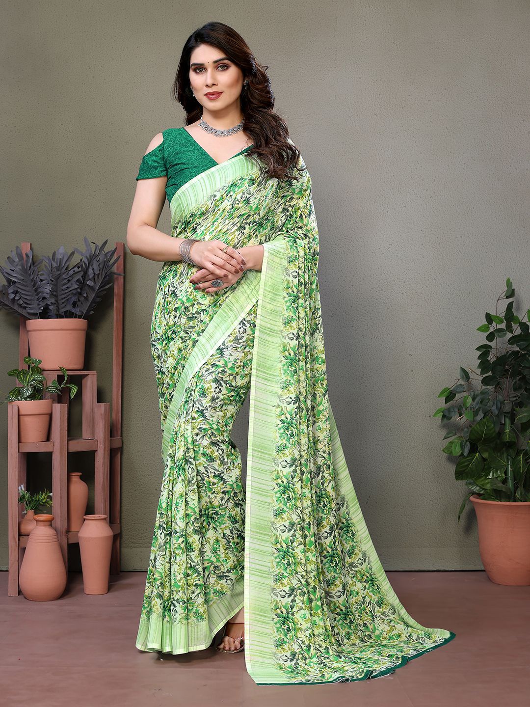 Moda Rapido Floral Printed Saree with Unstitched Blouse Piece, Green