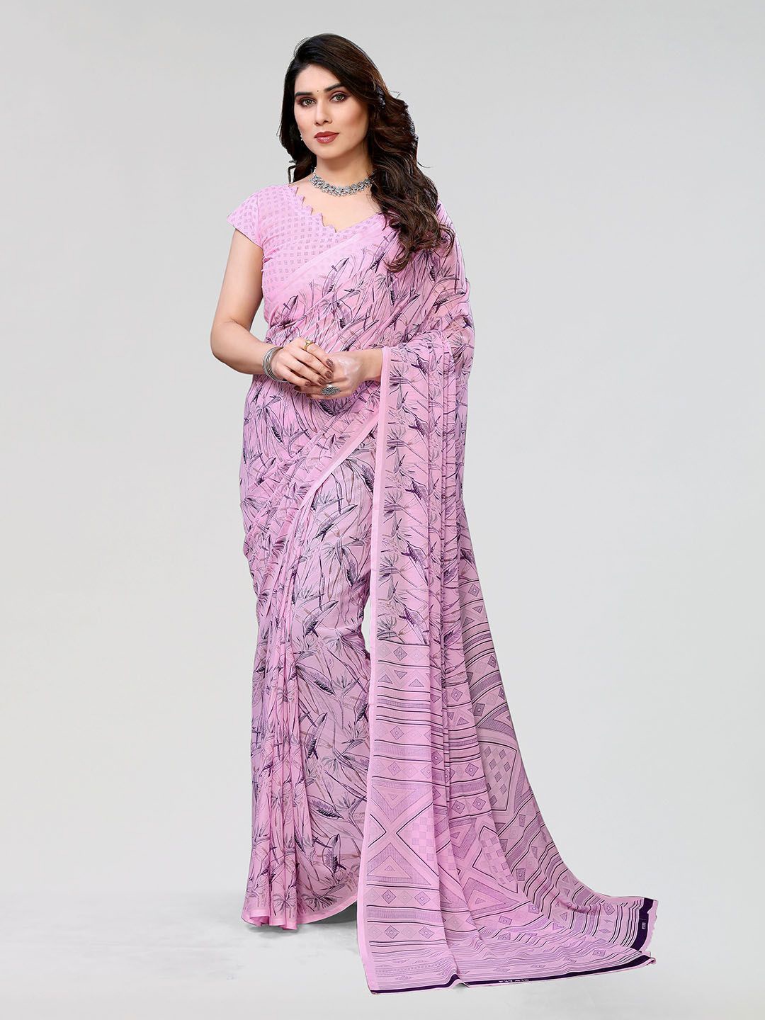 

Moda Rapido Women Printed Saree with Unstitched Blouse Piece, Pink