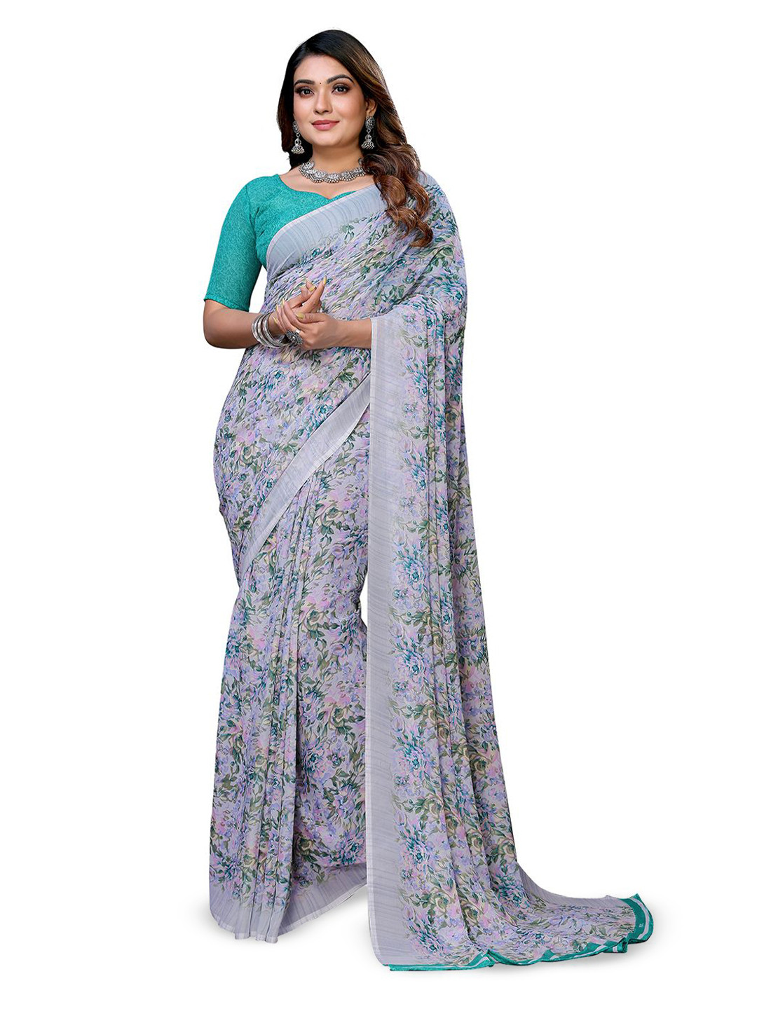 

Moda Rapido Floral Printed Saree With Blouse Piece, Green
