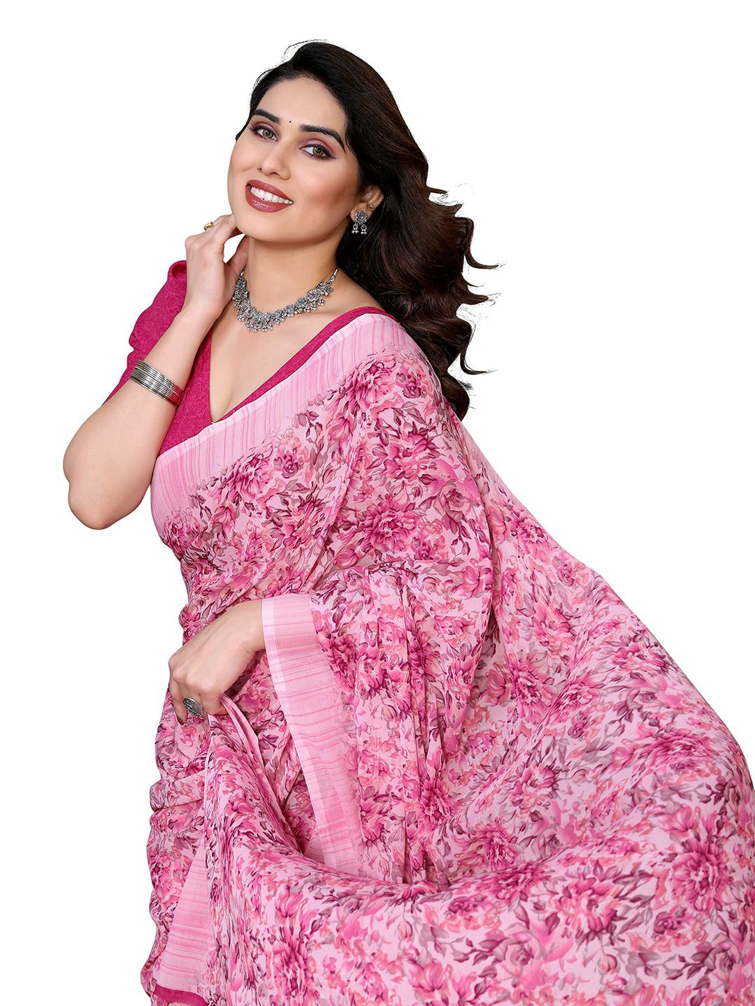 

Moda Rapido Floral Printed Saree with Unstitched Blouse Piece, Pink