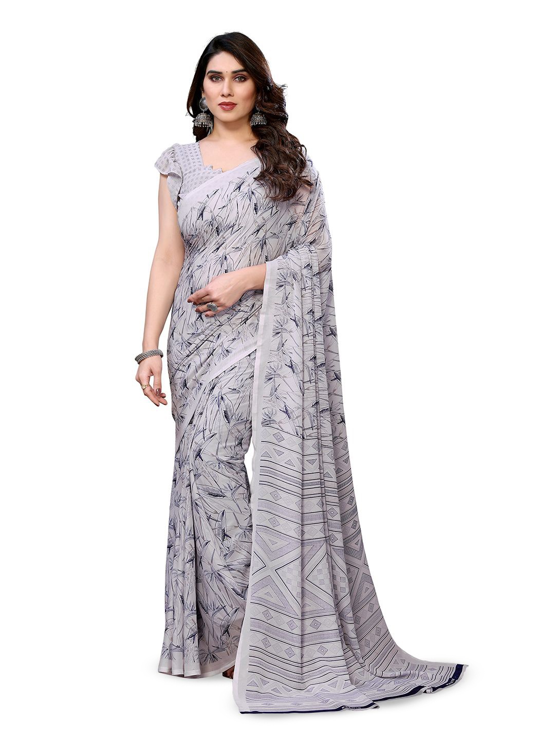 

Moda Rapido Women Printed Poly Georgette Saree with Unstitched Blouse Piece, Grey