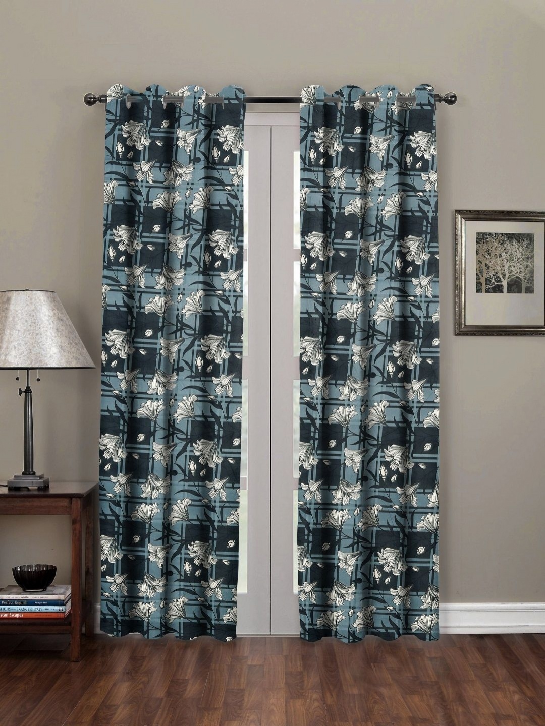 

RRC Green & Black 2 Pieces Floral Microfiber Cotton Room Darkening Long Door Curtain