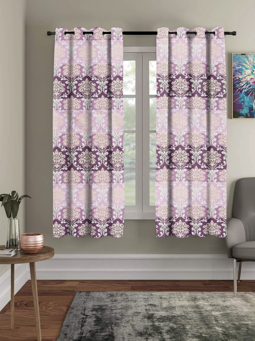 

RRC Pink & Purple 2 Pieces Floral Printed Microfiber Cotton Room Darkening Window Curtain