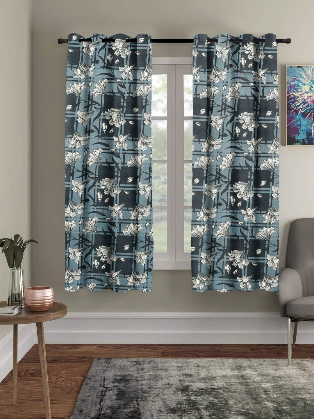

RRC Green & Black 2 Pieces Floral Printed Microfiber Cotton Room Darkening Window Curtain