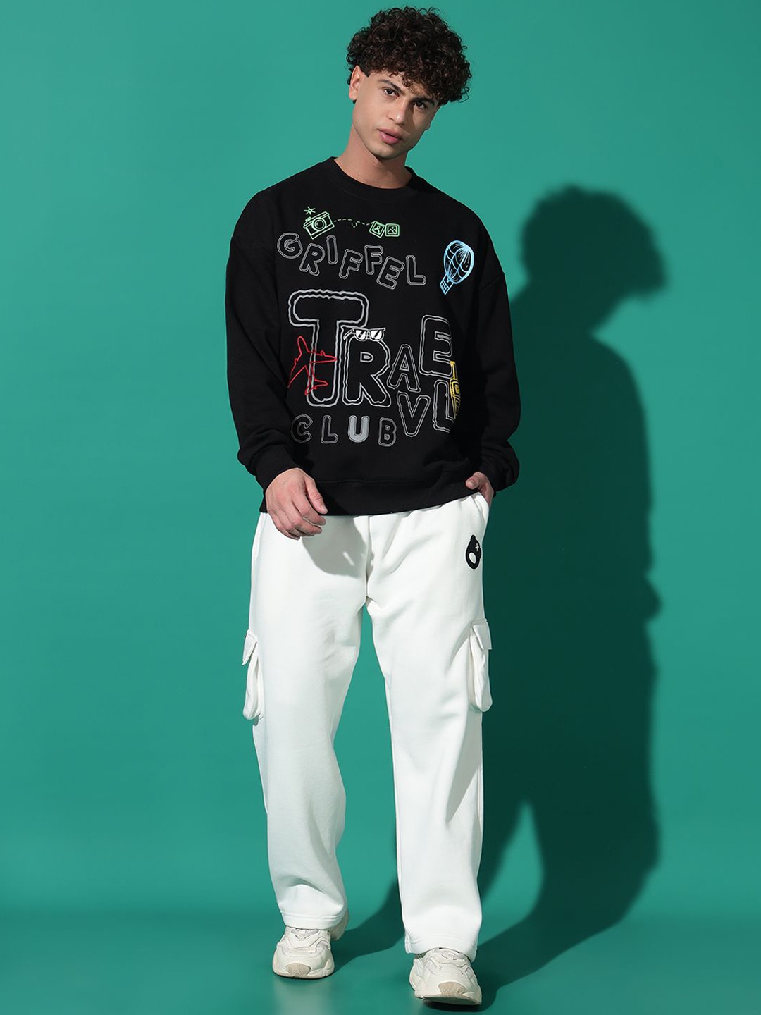 

GRIFFEL Men Printed Oversized Sweatshirt With Track Pant, Black