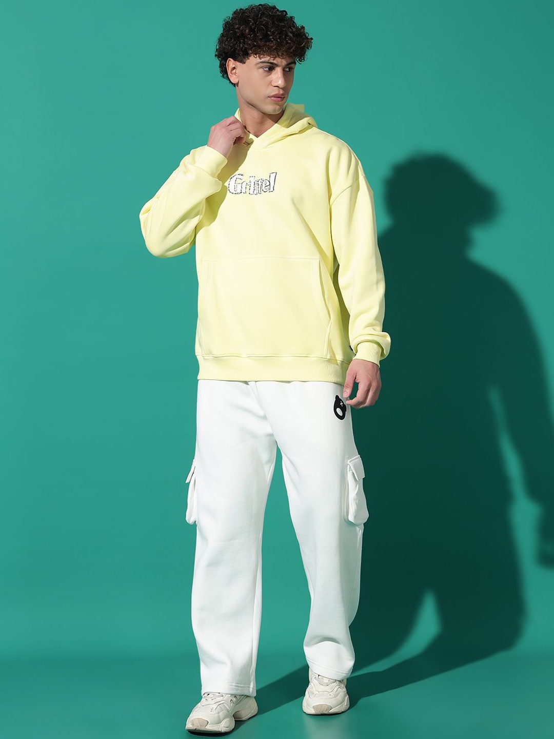 

GRIFFEL Brand Logo Printed Hooded Sweatshirt with Track Pants, Yellow