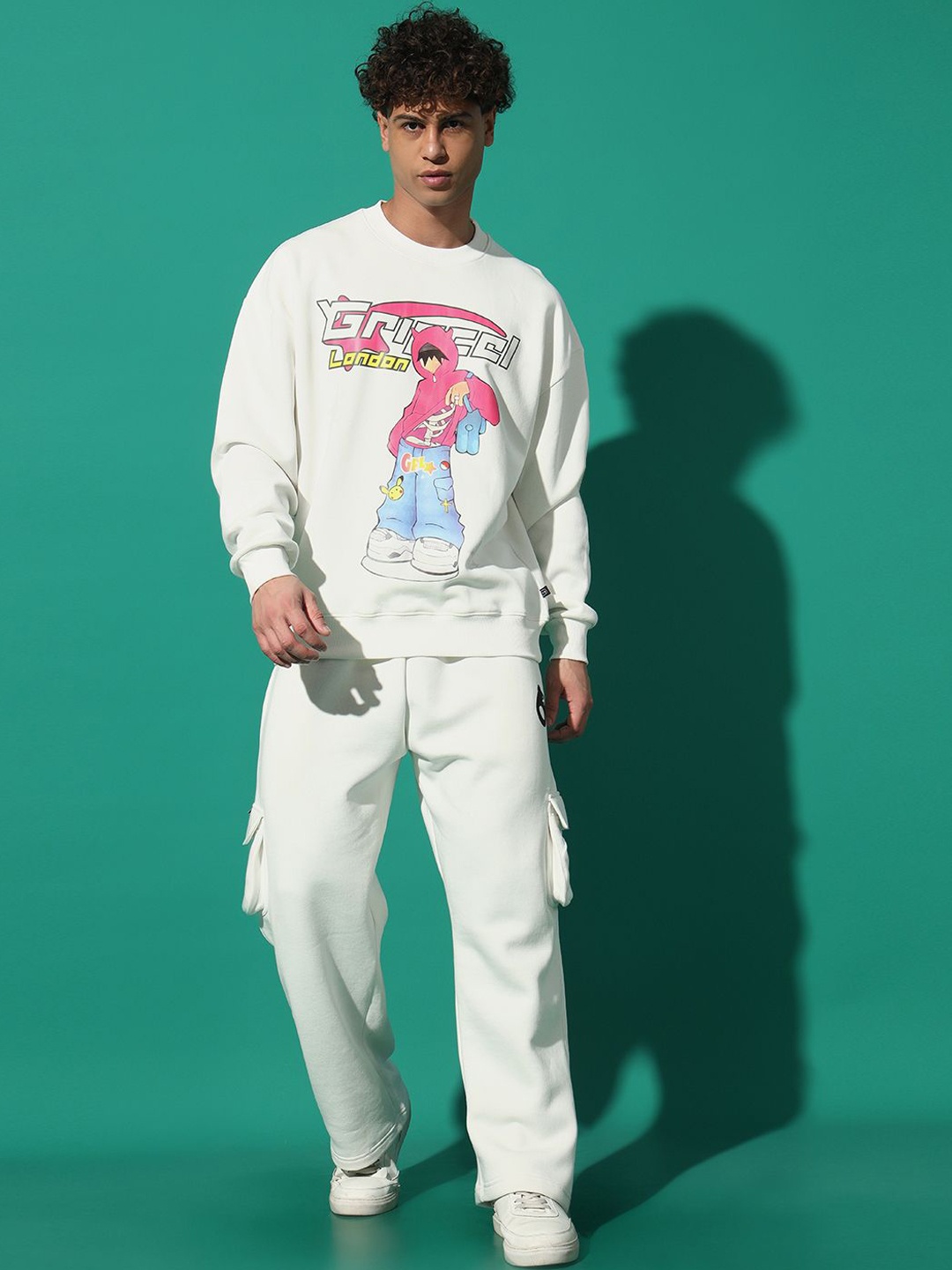 

GRIFFEL Men Oversized Printed Sweatshirt & Trackpants, White