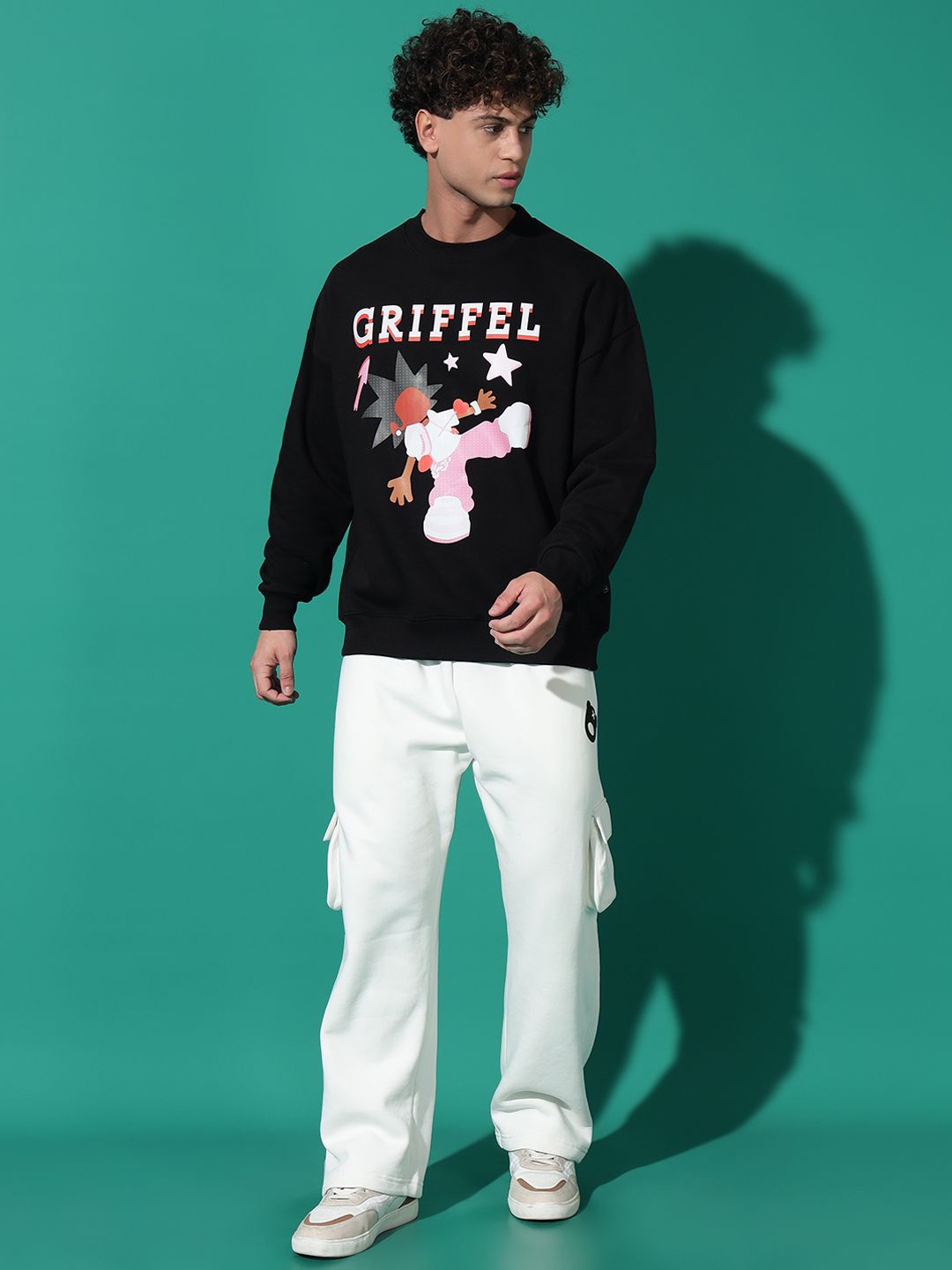 

GRIFFEL Men Printed Sweatshirt with Mid-Rise Track Pants, Black